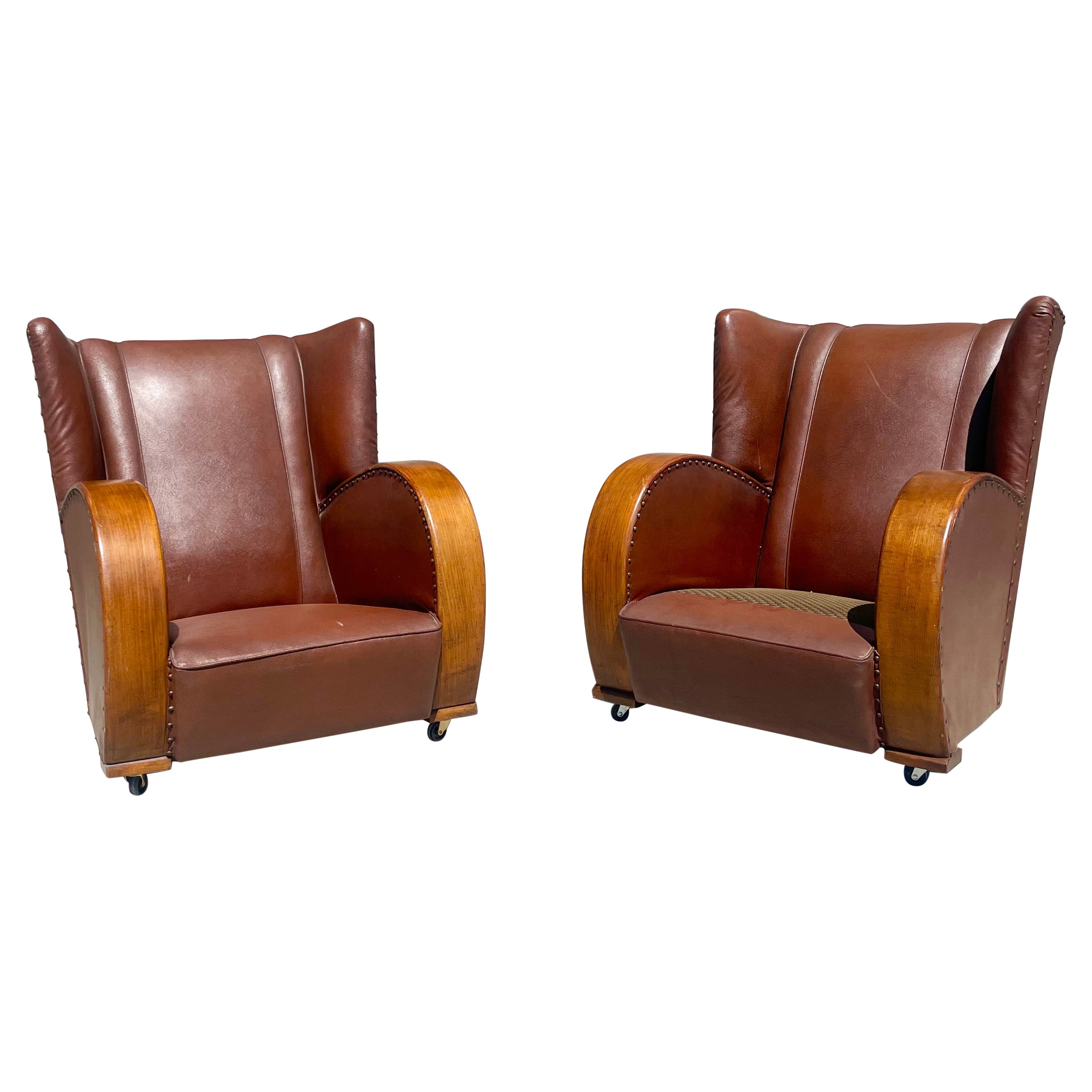 Vintage Art Deco Leather Lounge Chairs For Sale