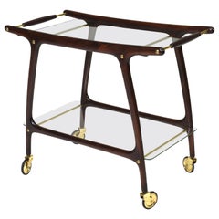 Cesare Lacca Bar Cart in Ebonised Wood, Brass and Glass, Italy, circa 1950