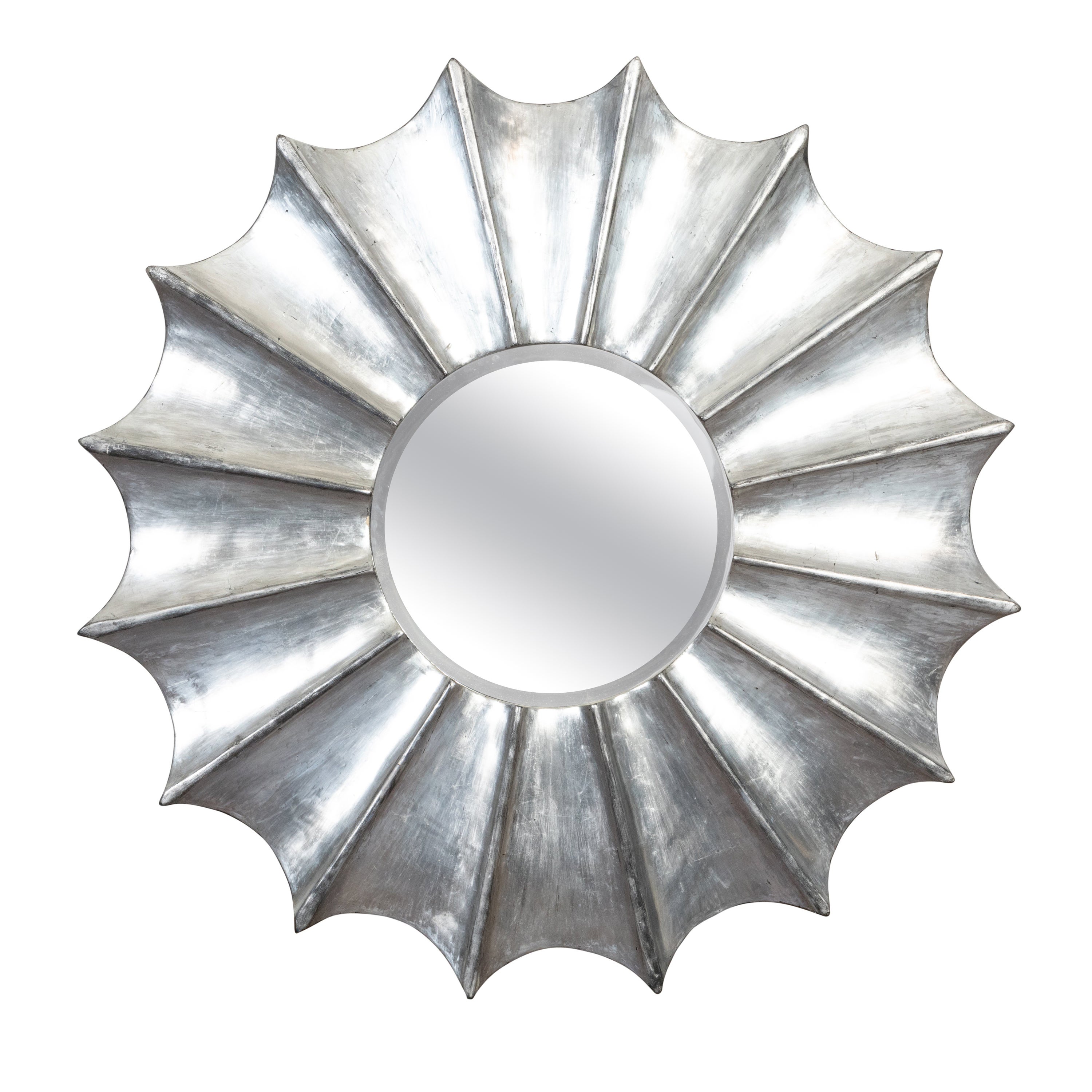 Vintage Italian Midcentury Silver Leaf Sunburst Mirror with Beveled Plate For Sale