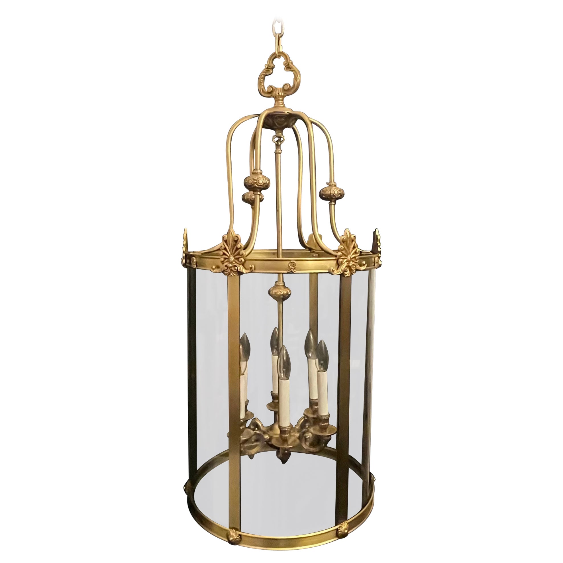Wonderful Large French Bronze Regency Empire Curved Glass Panel Lantern Fixture For Sale