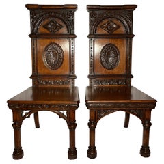 Pair Antique English Solid Oak Great Hall Chairs, Circa 1840.