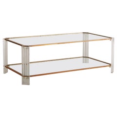 Lucite + Glass Coffee Table with Brass Trim, France, 1970s