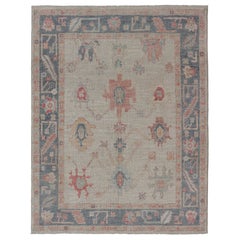 Modern Oushak with All-Over Tribal Design in Steel Blue, Ivory and Corals