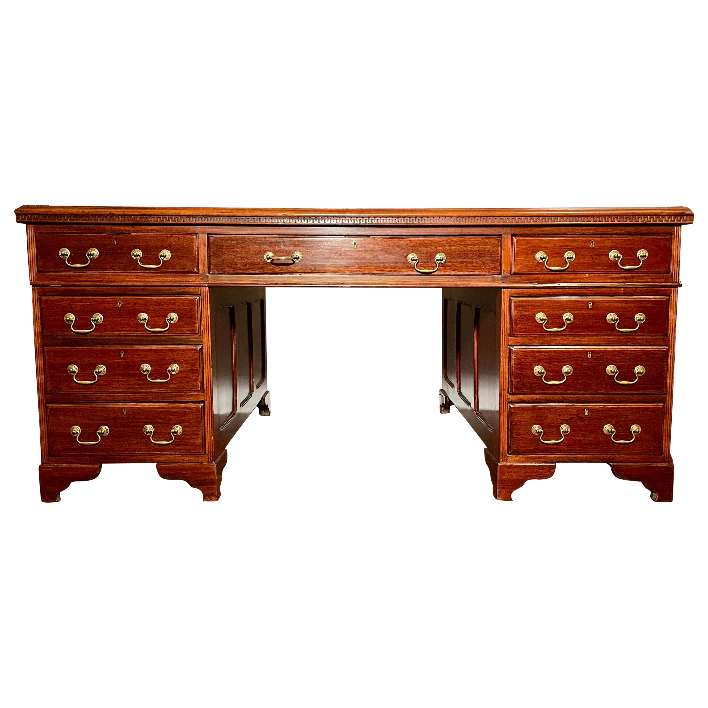 Antique English Mahogany Partner's Desk with Leather Top, Circa 1880. For Sale