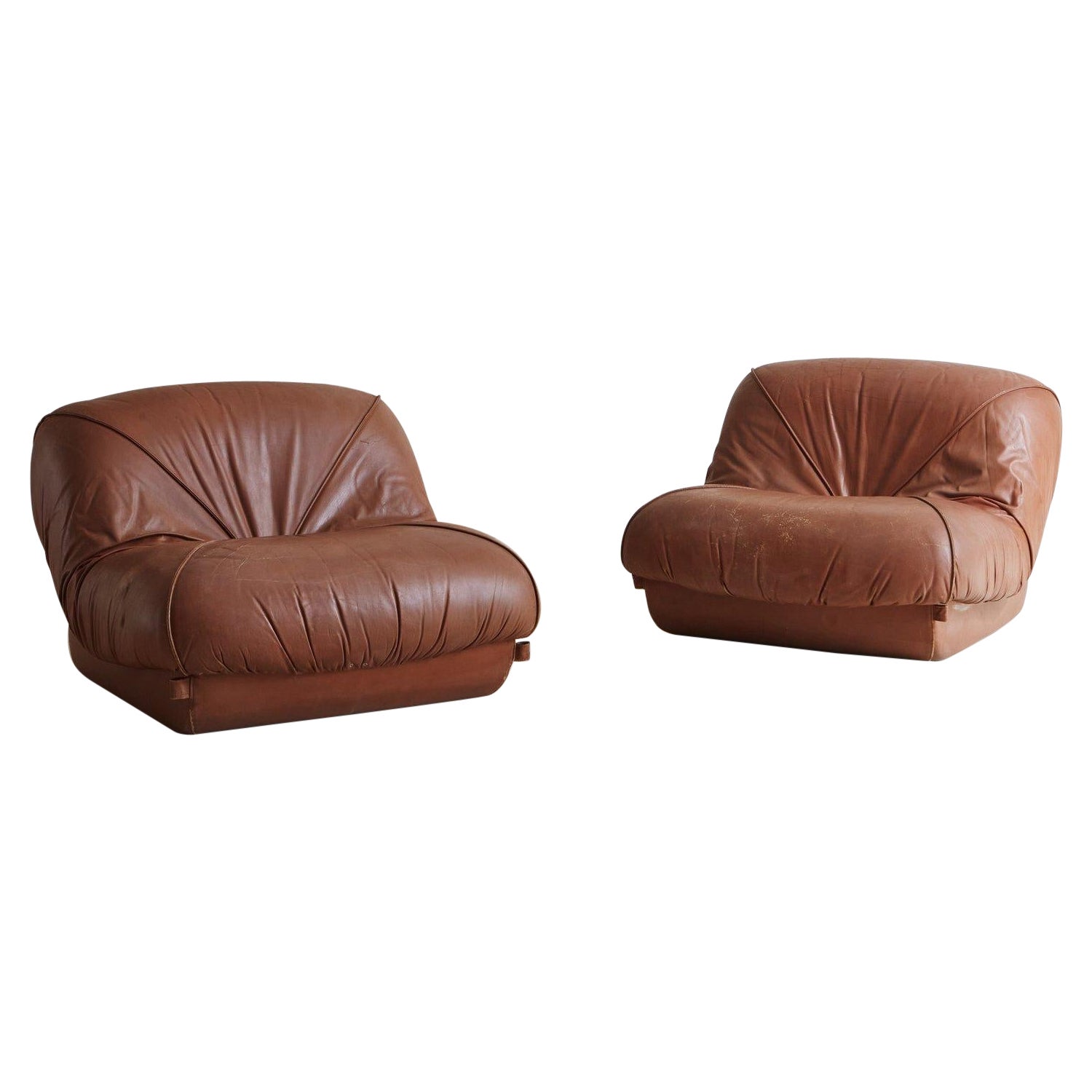 Pair of Mid Century Ruched Leather Lounge Chairs, France, 1970s