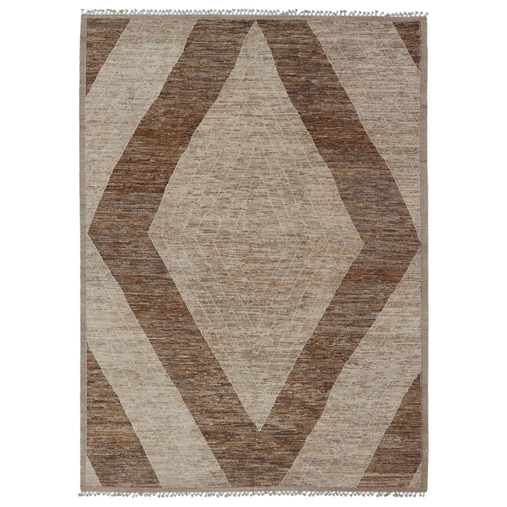 Tapis moderne noué à la main en laine avec un design moderne en crème, brun et beige