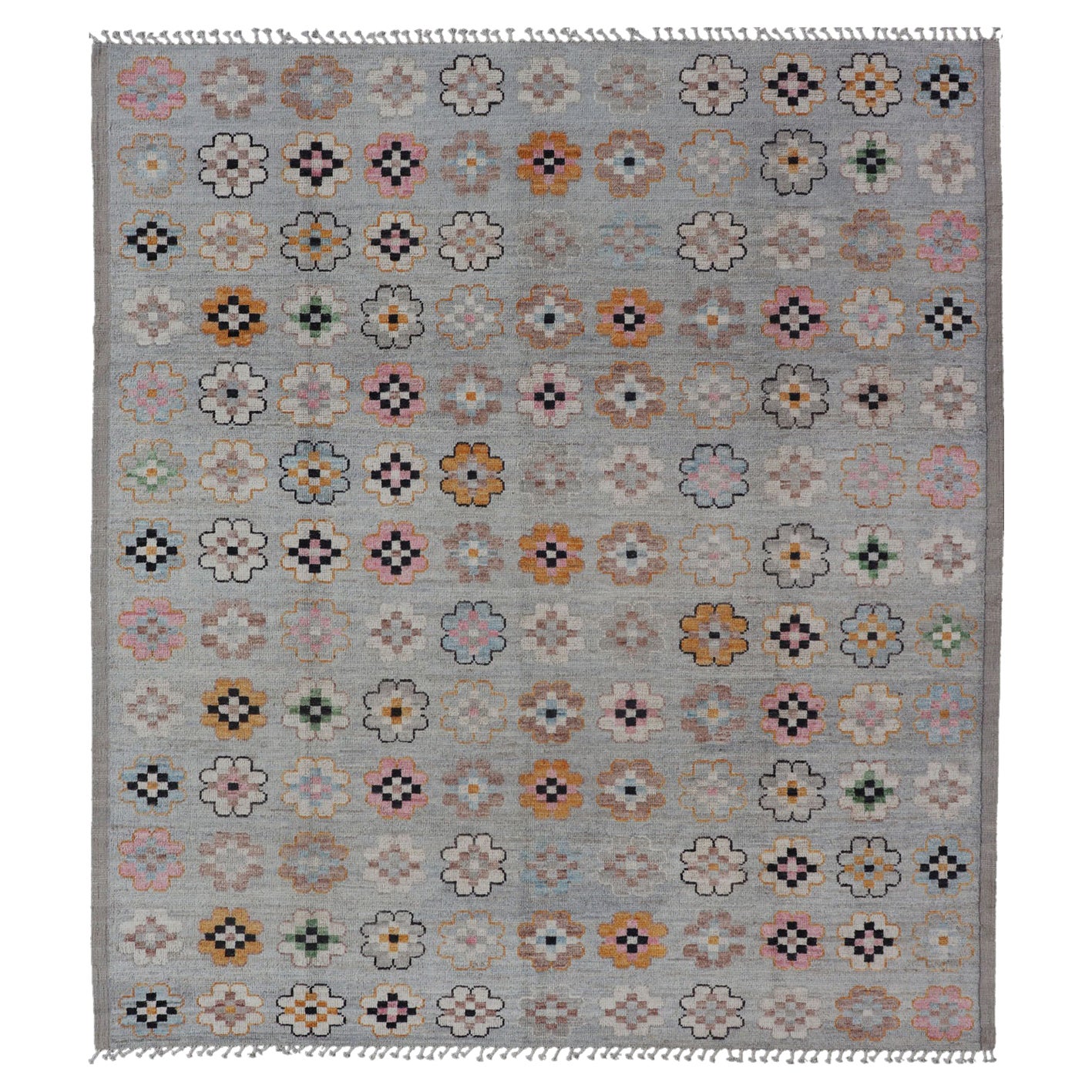 Modern Rug in Wool with Modern All-Over Flower Design on a Light Gray Field For Sale