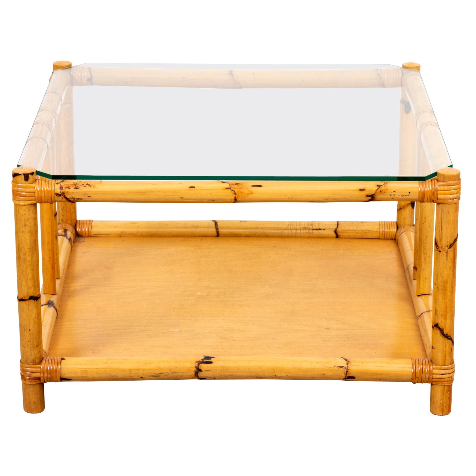 Two Tiered Rattan Glass Top Mid-Century Coffee Table For Sale