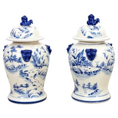 Pair of Chinese Blue Decorated Lion Temple Jars