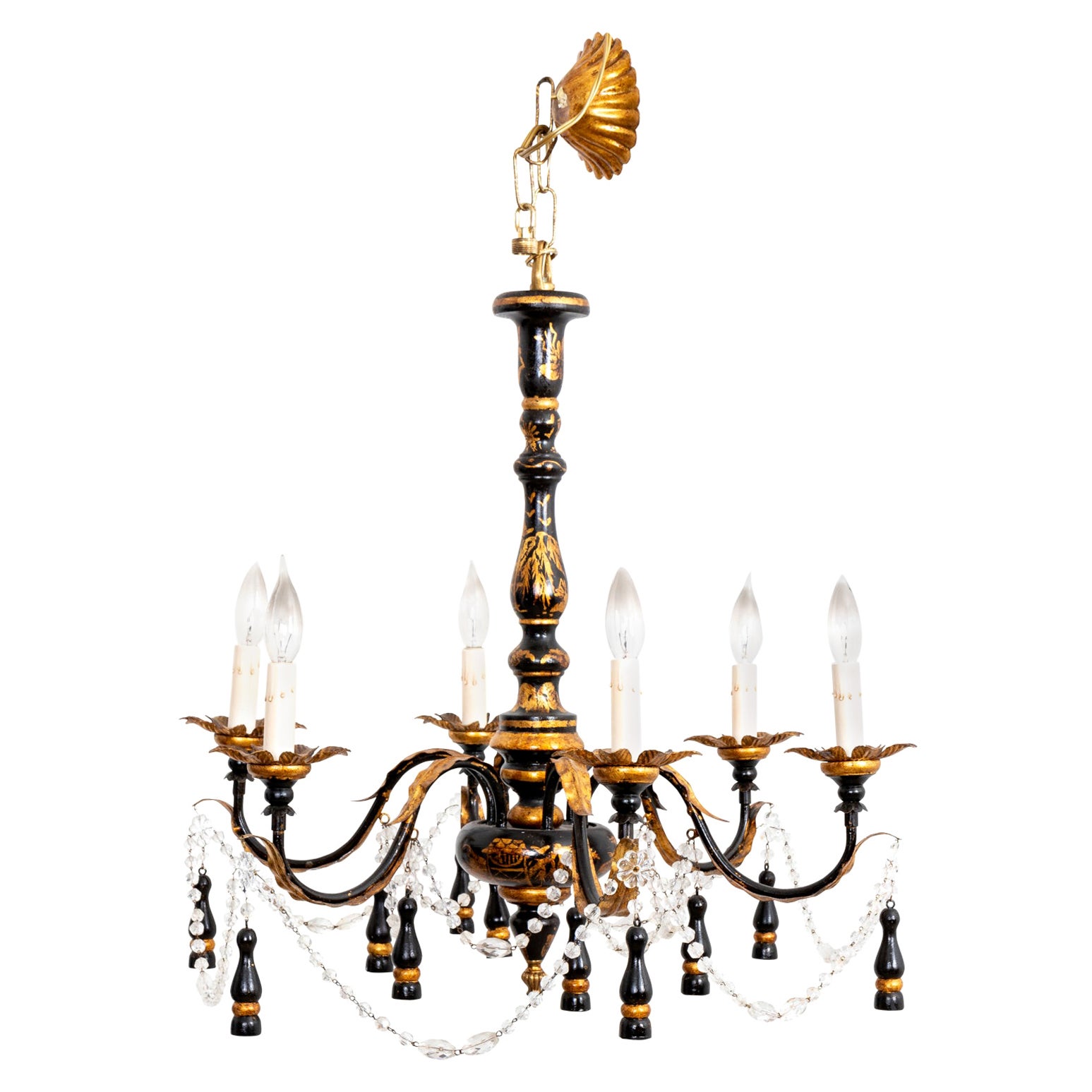 Federalist Black Chinoiserie Chandelier For Sale