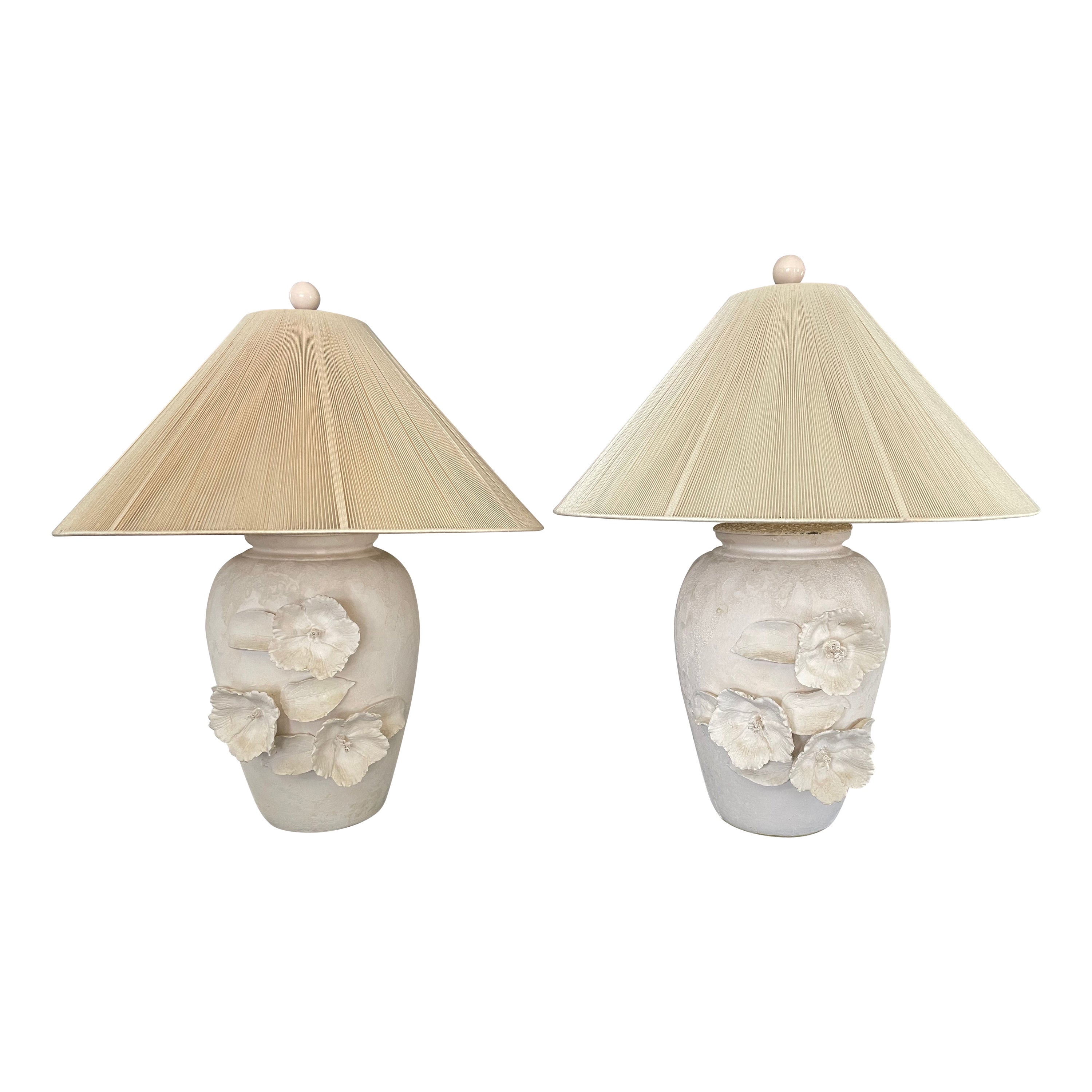 Vintage Organic Modern Plaster Jar Lamps with Floral Relief For Sale