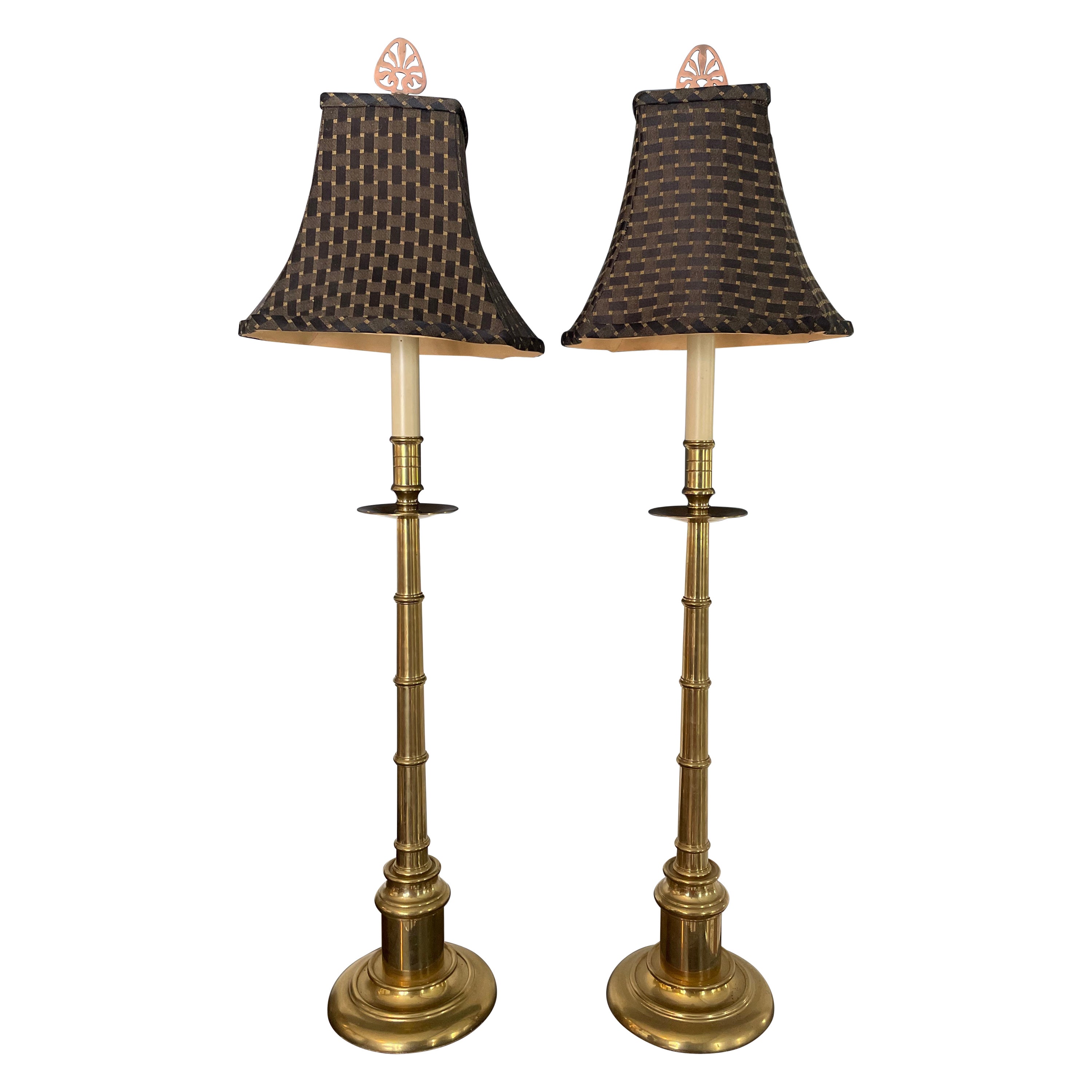 Palm Regency Chinoiserie Brass Faux Bamboo Candlestick Buffet Lamps, a Pair For Sale