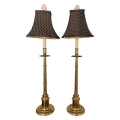 Palm Regency Chinoiserie Brass Faux Bamboo Candlestick Buffet Lamps, a Pair