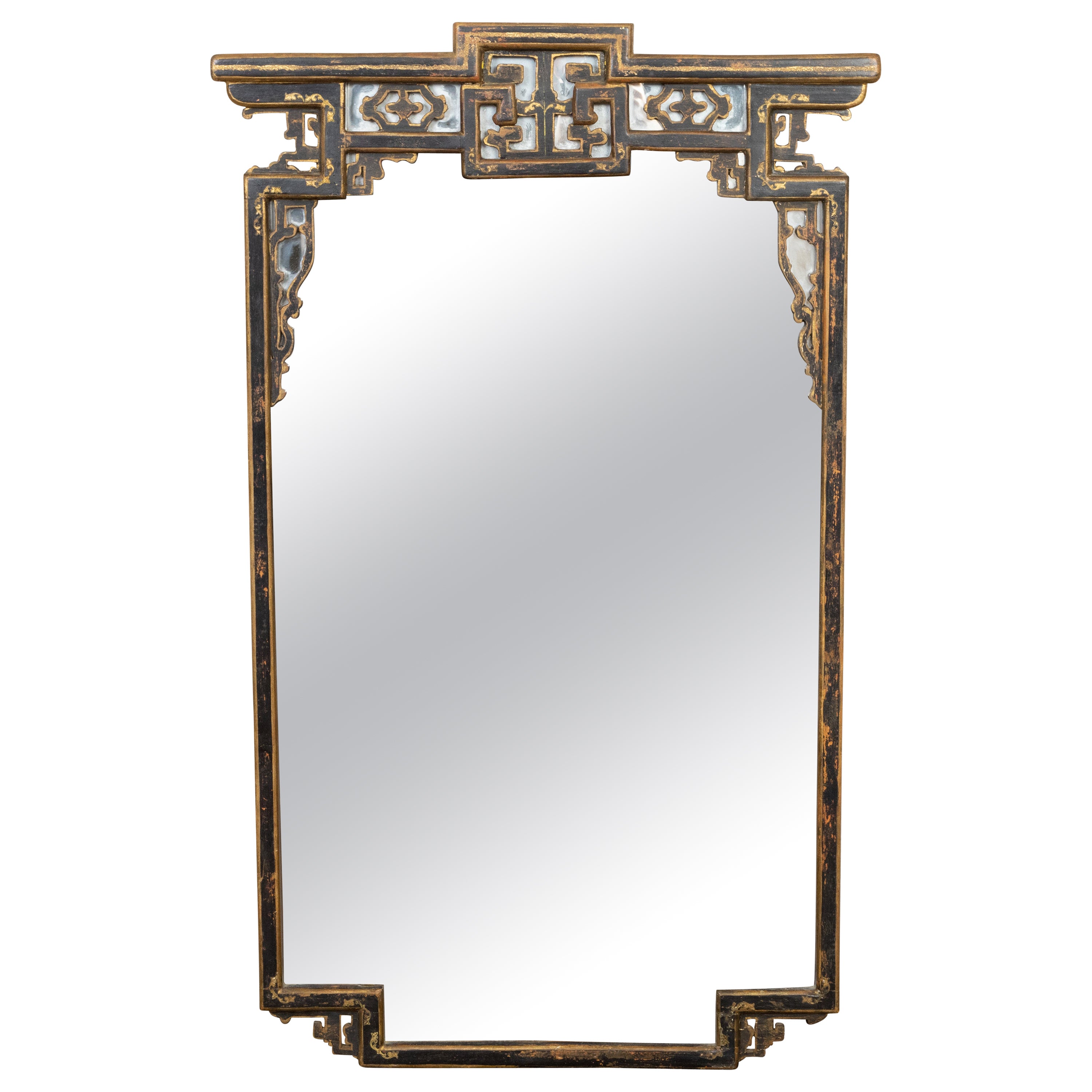 English Painted Mirror with Carved Crest and Chinoiserie Inspired Motifs