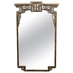 Retro English Painted Mirror with Carved Crest and Chinoiserie Inspired Motifs