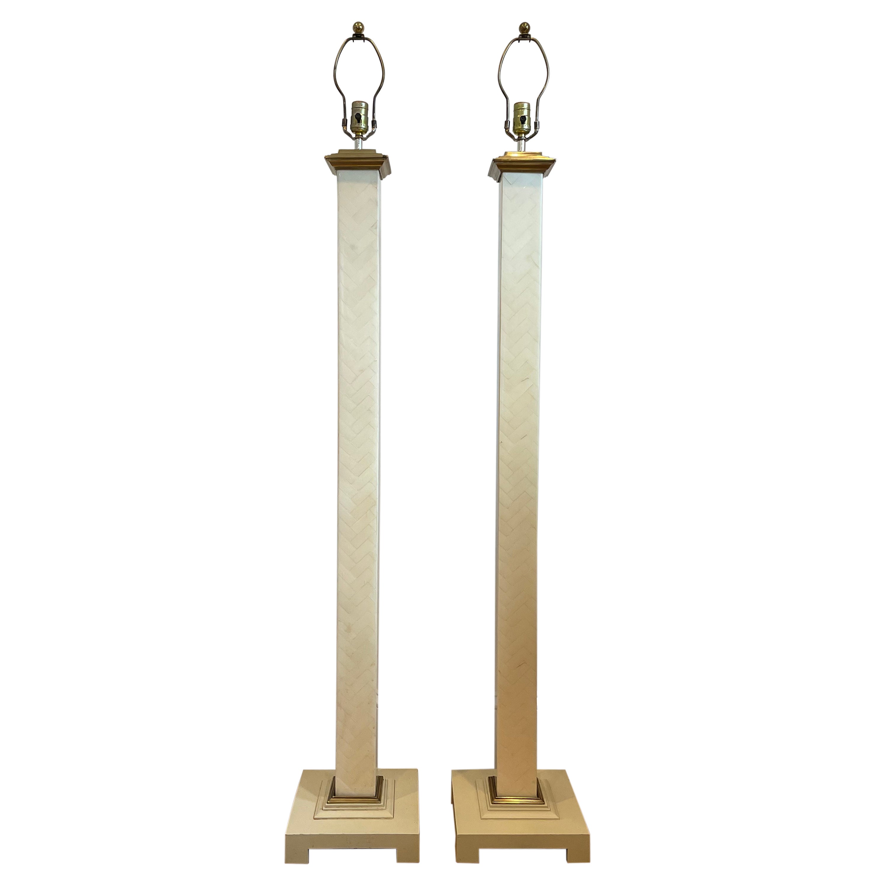 Tessellated Faux Bone and Brass Floor Lamps, a Pair For Sale