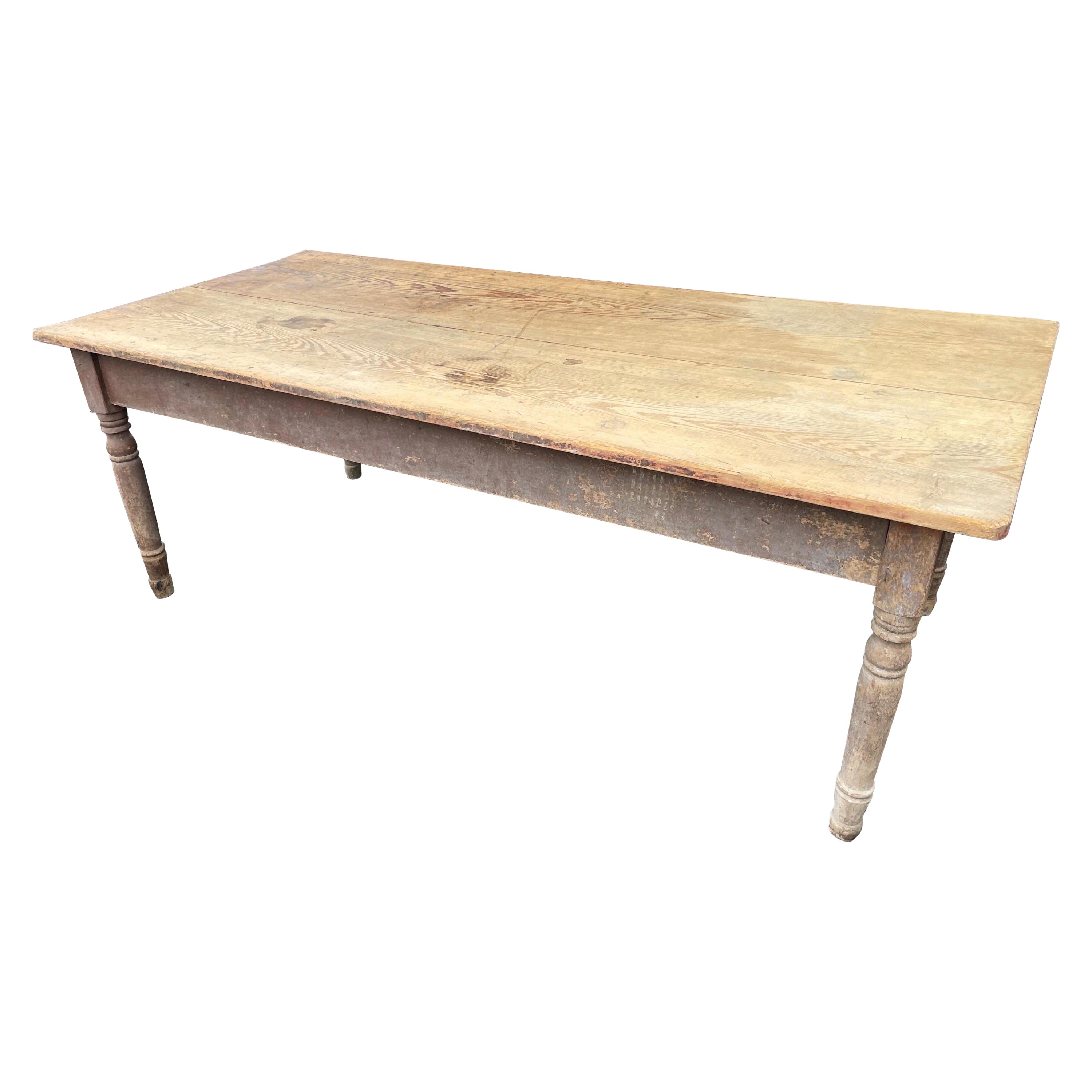 Antique Rustic Turned Leg Extra Wide Plank Top Pine Farm Table For Sale