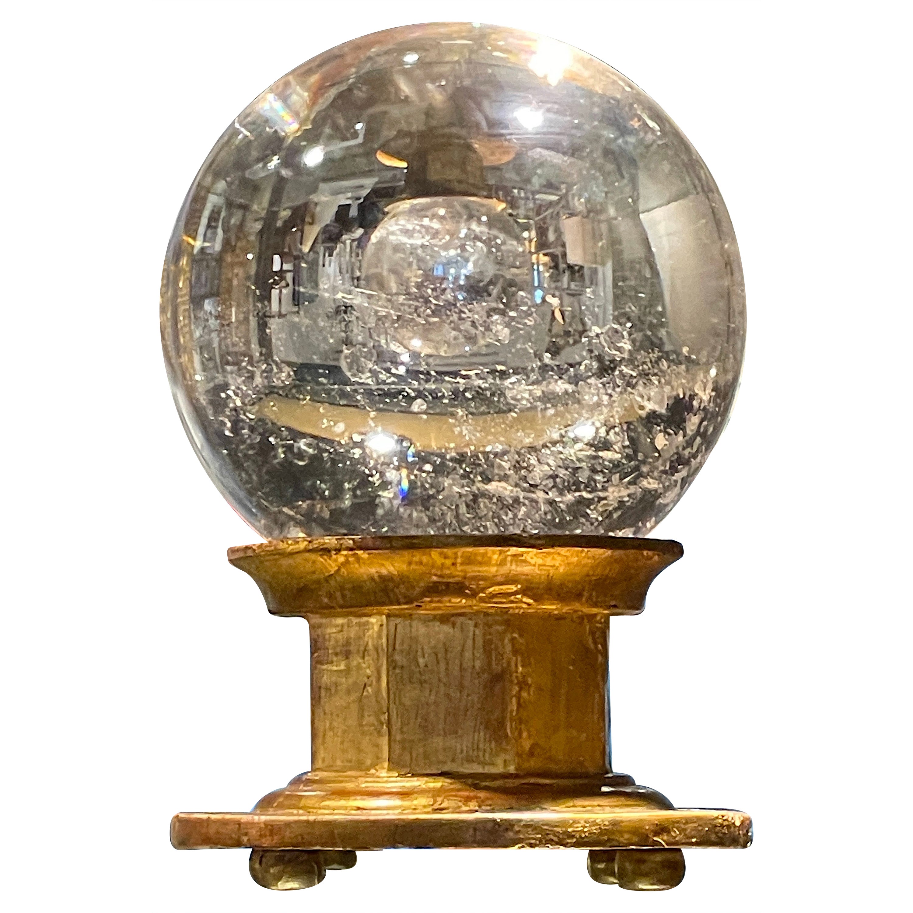 A.I.Ball de cristal de roche italien du 18e-19e C. sur un Stand en bois doré italien plus tardif