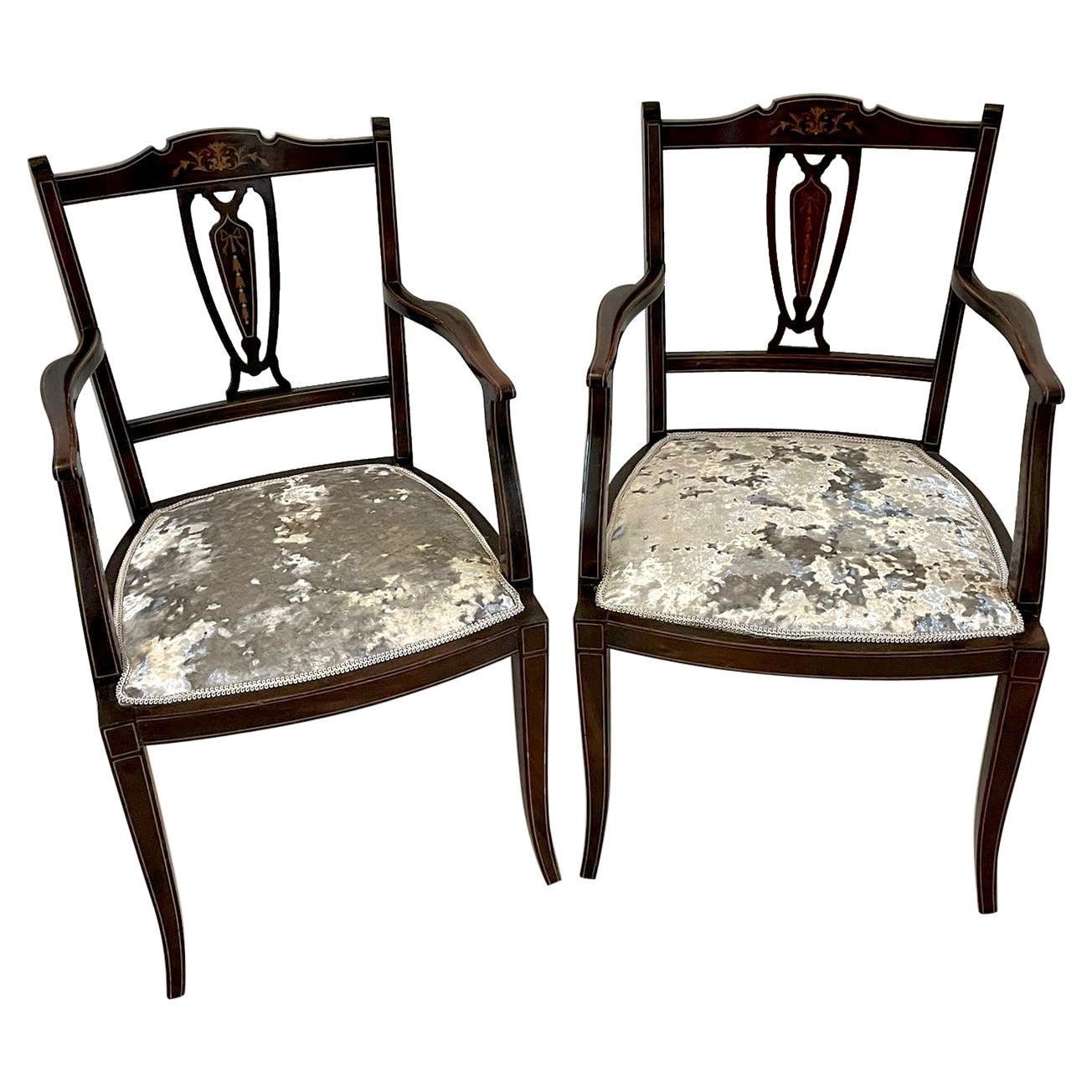 Pair of Antique Edwardian Mahogany Inlaid Armchairs