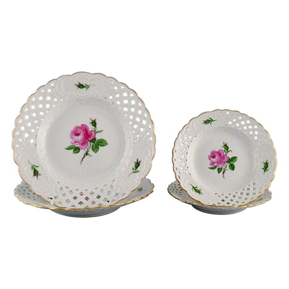 Four Meissen Pink Rose Plates in Openwork Porcelain with Hand-Painted Roses