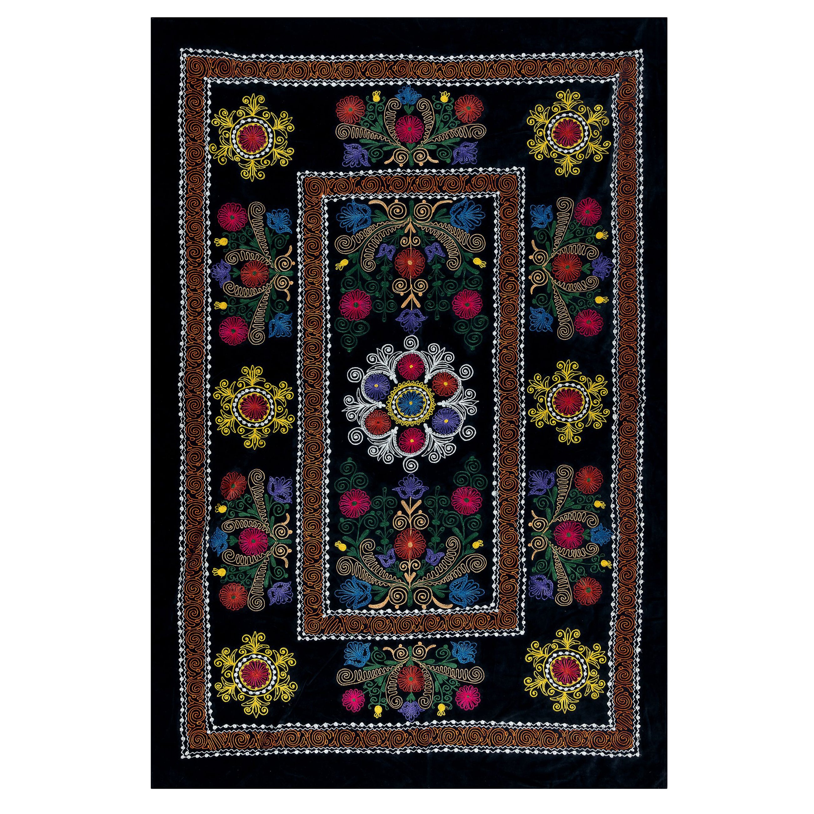 Vintage Hand Embroidery Table Cover, Uzbek Silk & Cotton Wall Hanging For Sale