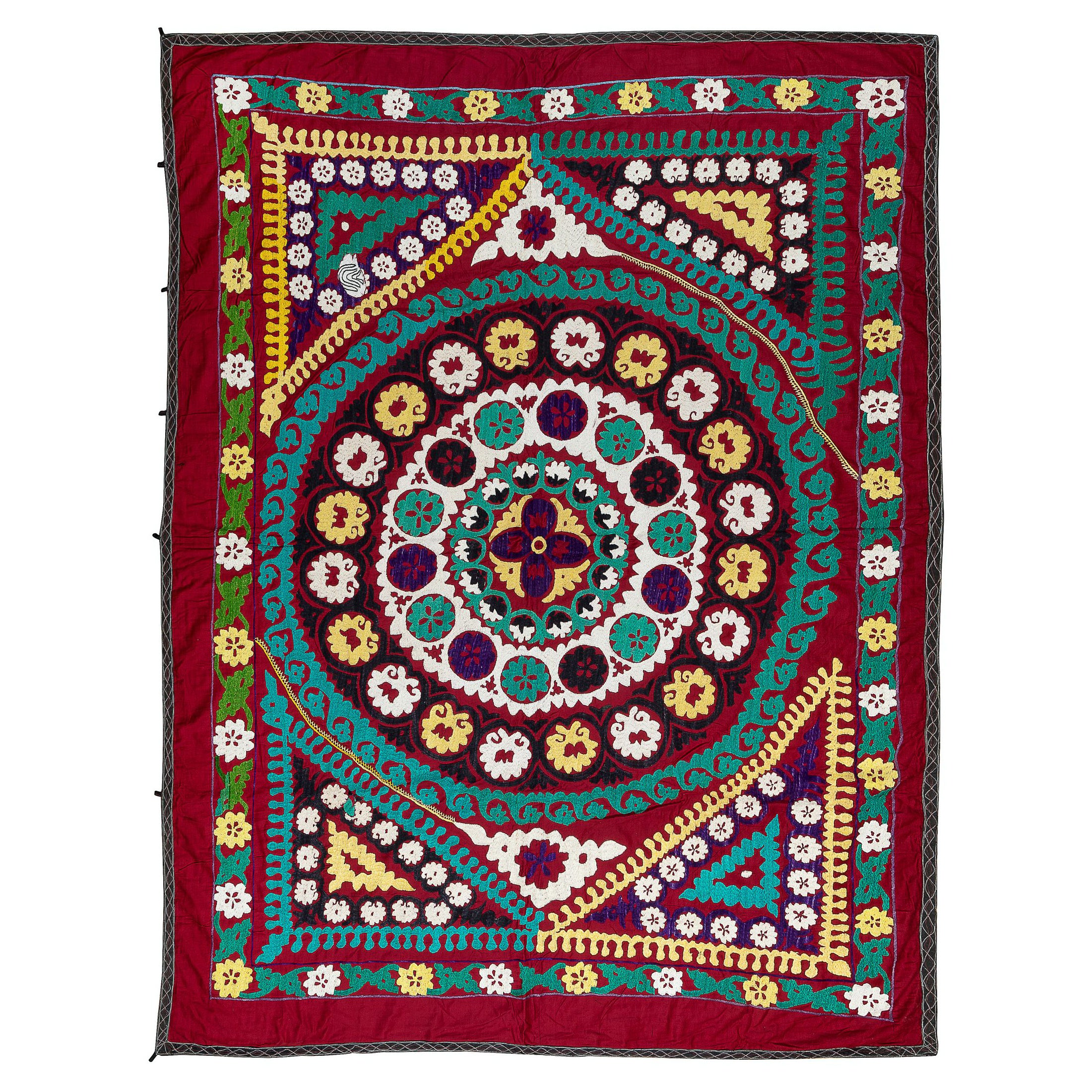 4.8x6.4 Ft Silk Hand Embroidered Bedspread, Vintage Suzani Tapestry, Uzbek Throw For Sale