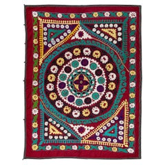 4.8x6.4 Ft Silk Hand Embroidered Bedspread, Vintage Suzani Tapestry, Uzbek Throw