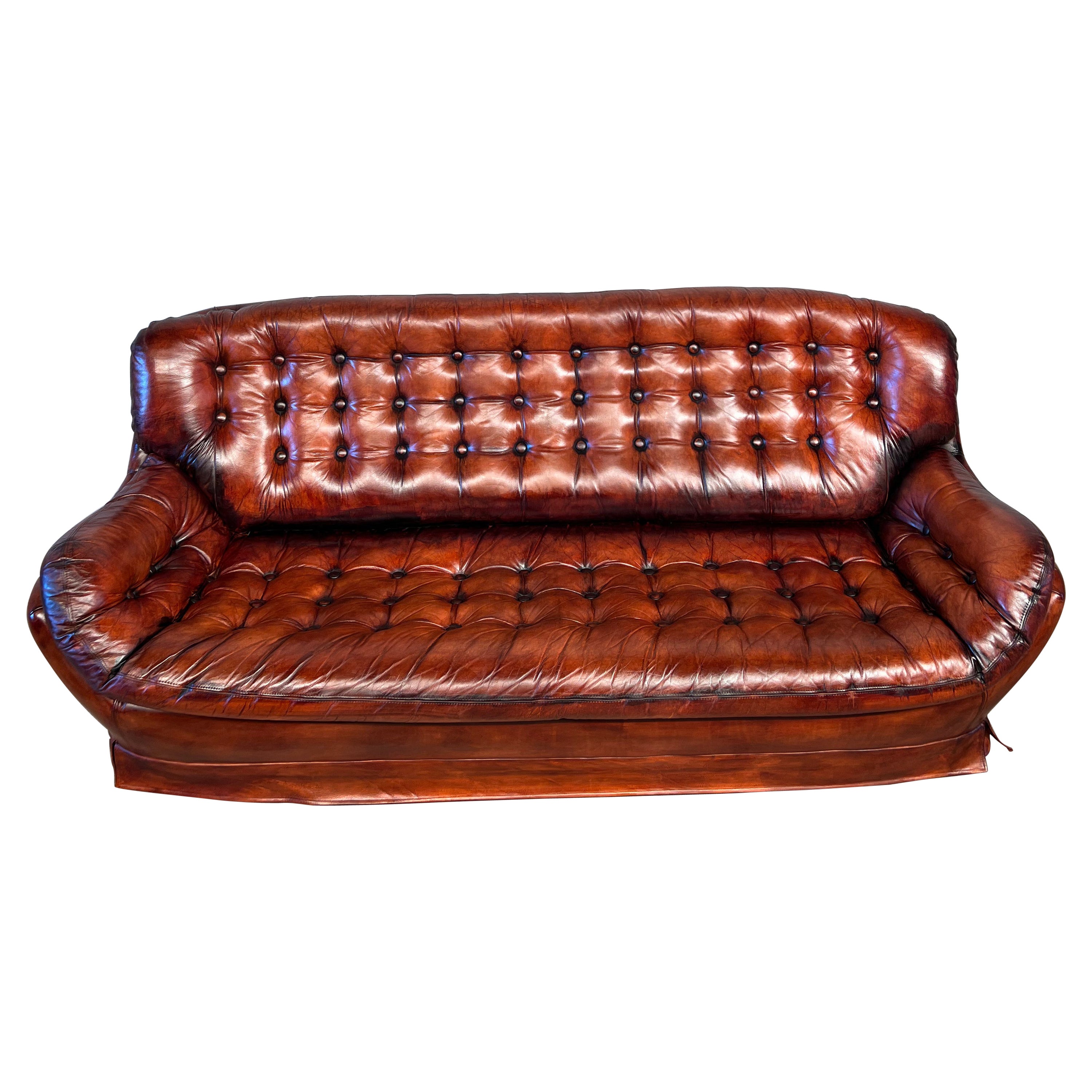 Long Vintage Swedish 70 S Cognac Leather Three Seater Egg Sofa Retro #439 For Sale