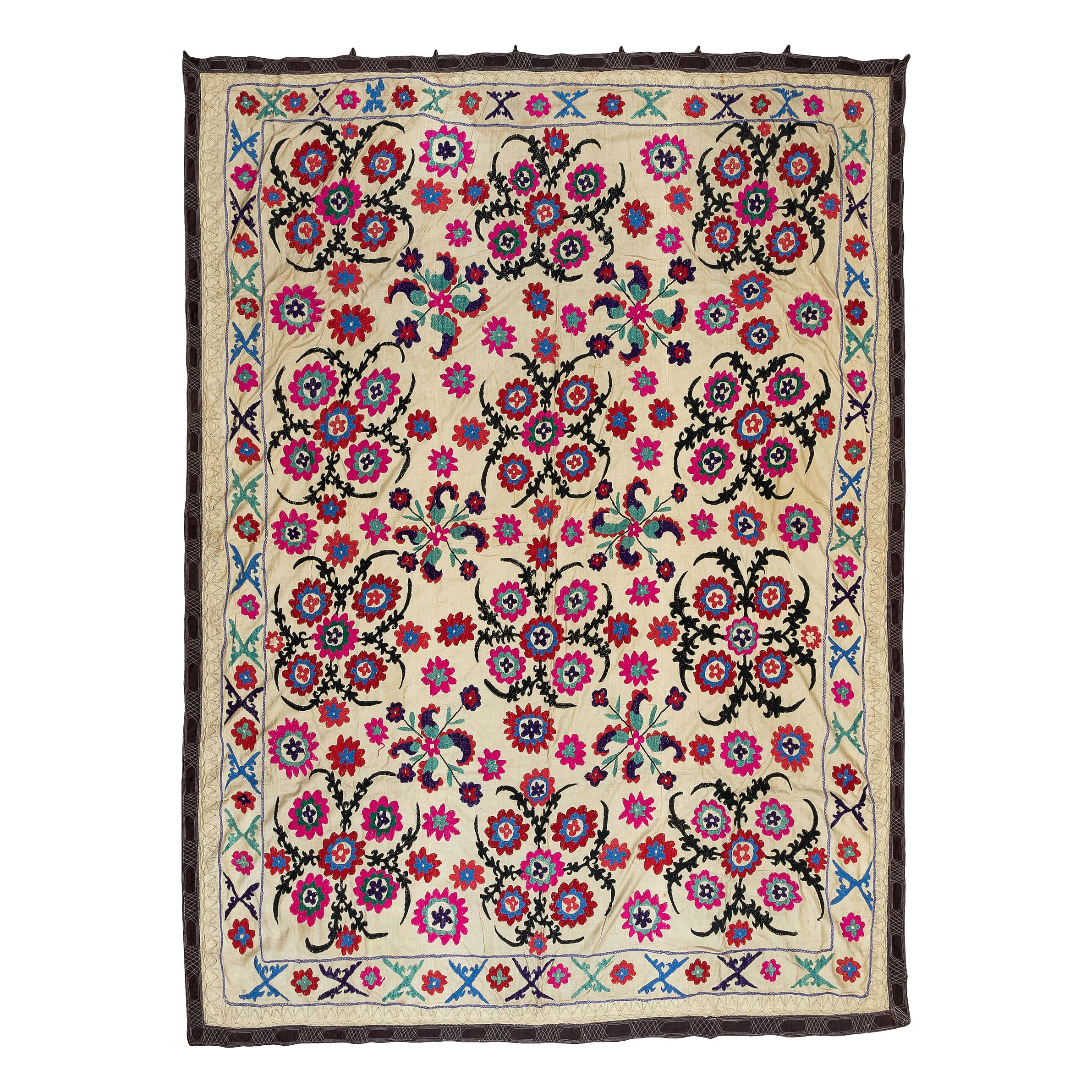 5.6x7.4 Ft Decorative Silk Embroidery Bed Cover, Uzbek Vintage Suzani Tablecloth For Sale
