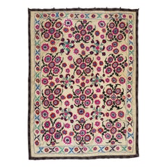 5.6x7.4 Ft Decorative Silk Embroidery Bed Cover, Uzbek Vintage Suzani Tablecloth