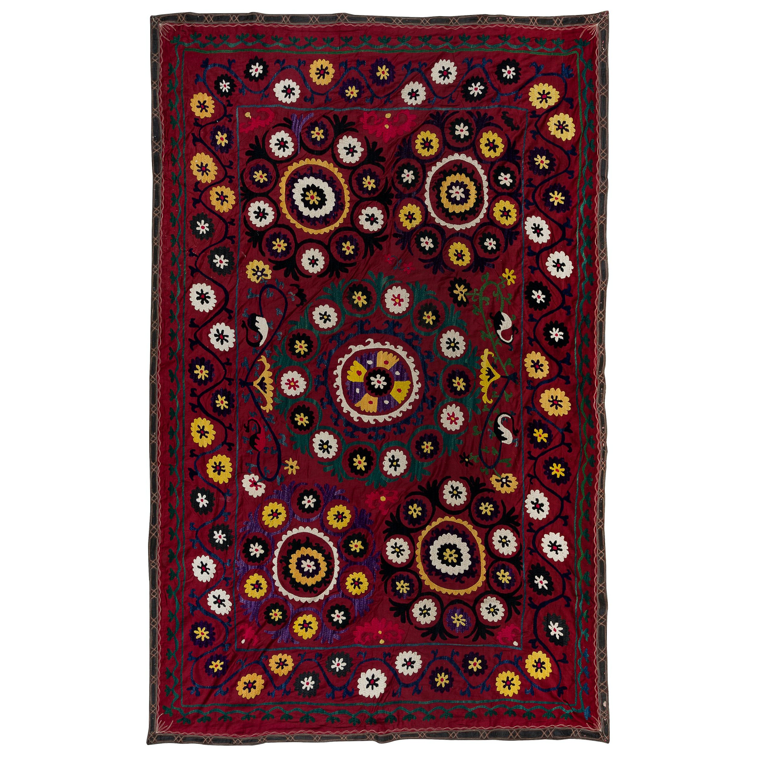 Cubrecama Vintage de Seda Bordada a Mano, Colgante de Pared Suzani Asiático