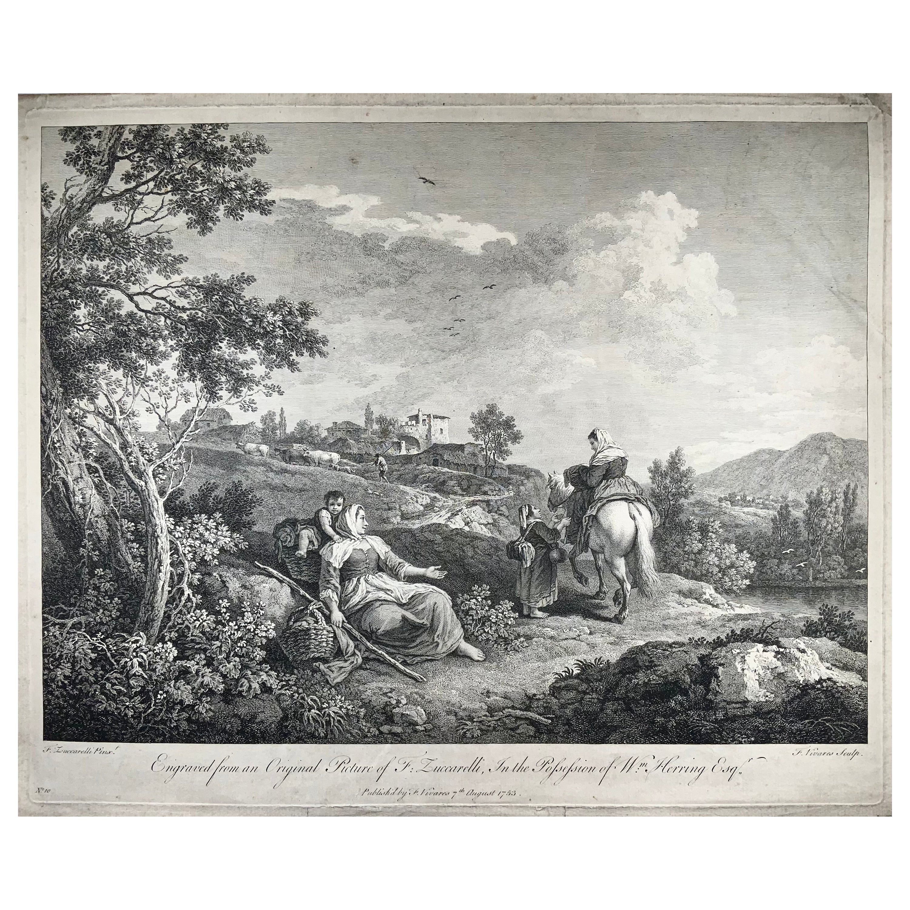F. Zuccarelli, Italianate Pastoral Scene, Large Impressive Engraving For Sale