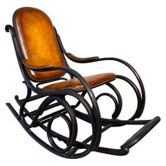 Antique Thonet Bentwood Rocking Chair with Retractable Footrest Leather