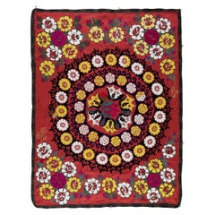 5x6 Ft Traditional Silk Embroidery Bed Cover, Asian Suzani Wall Hanging in Red