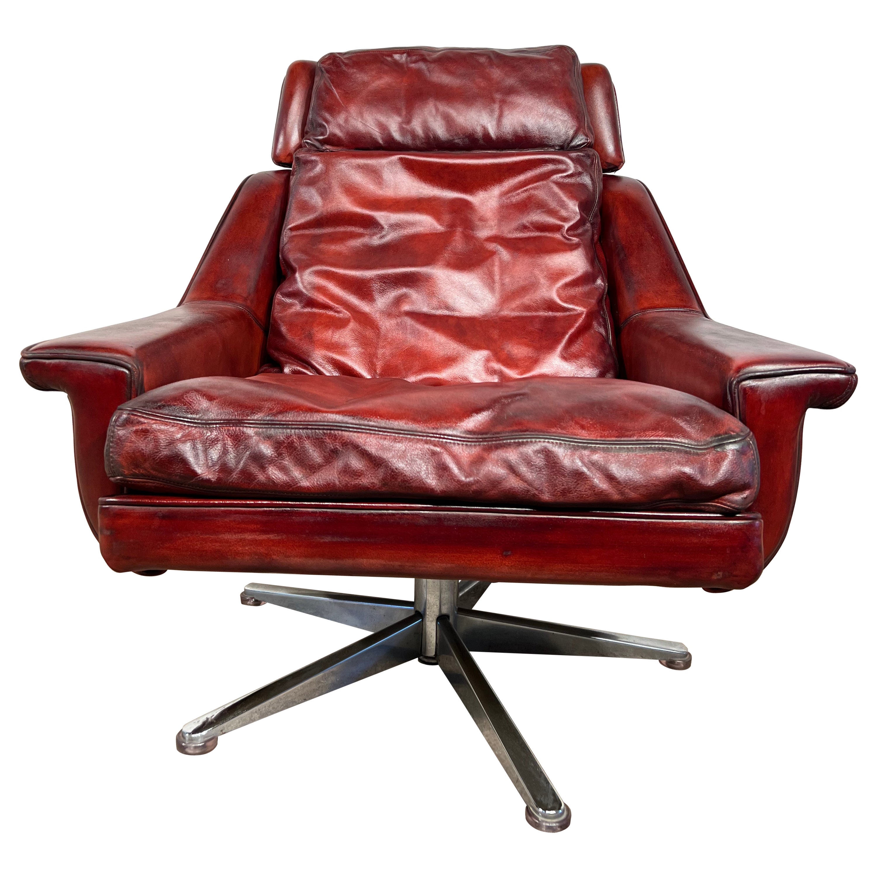 Great Quality Esa Vintage Danish 1970 Swivel ArmChair Patinated Deep Red #595