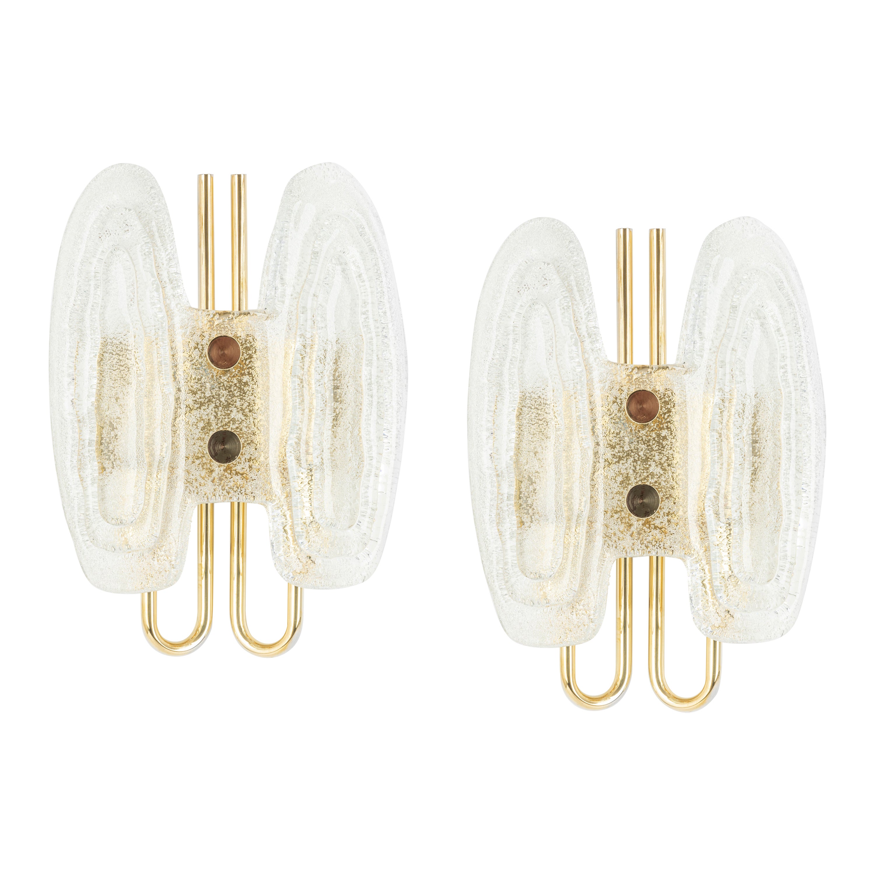 Pair of Murano Ice Glass Brass Sconces by Hillebrand, Germany, 1970s For Sale