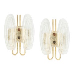 Vintage Pair of Murano Ice Glass Brass Sconces by Hillebrand, Germany, 1970s