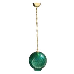 Vintage Round Green Lantern Italian Design Murano Glass Brass Parts Venini, 1950s
