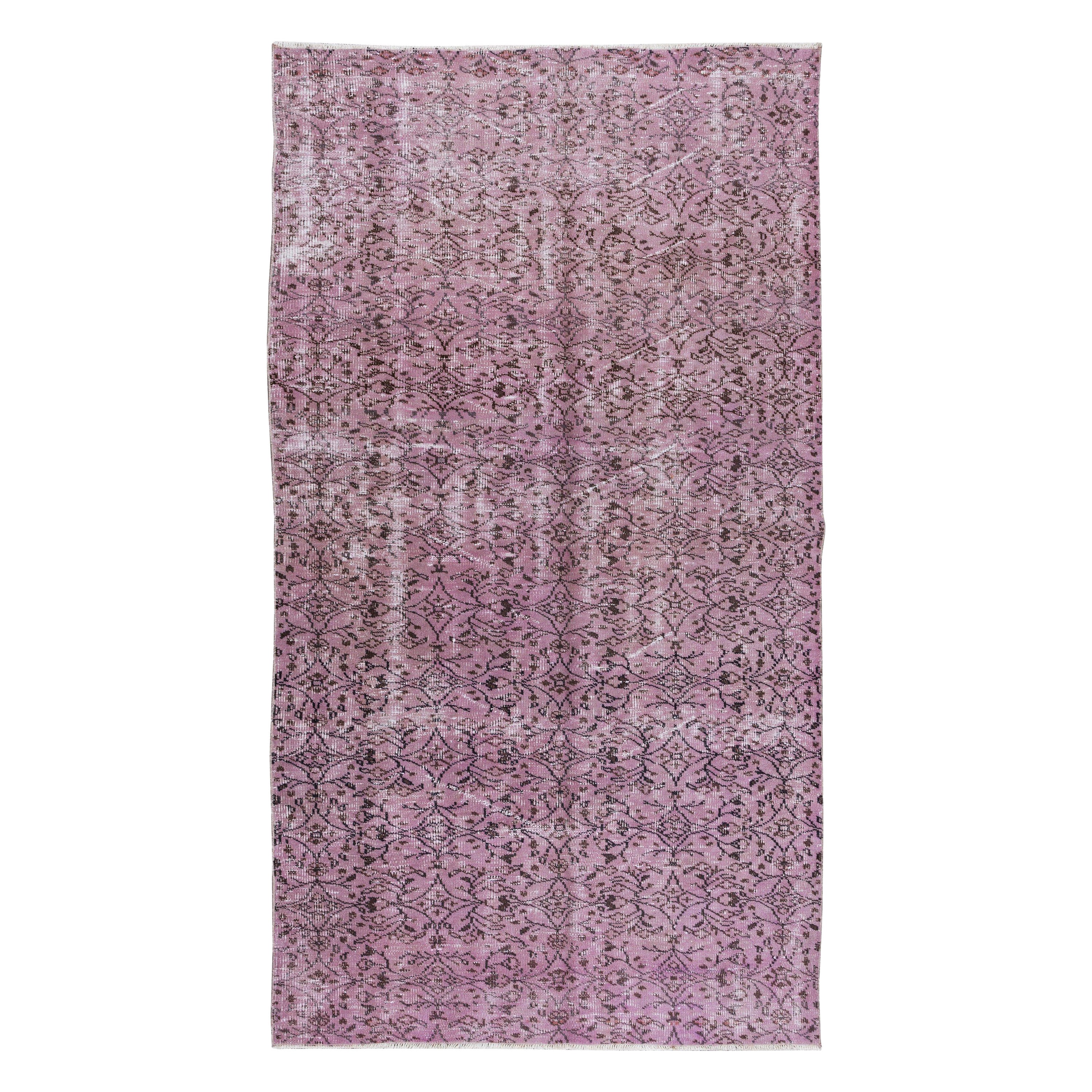 Vintage Handmade Turkish Rug OverDyed in Pink Color with Floral Design