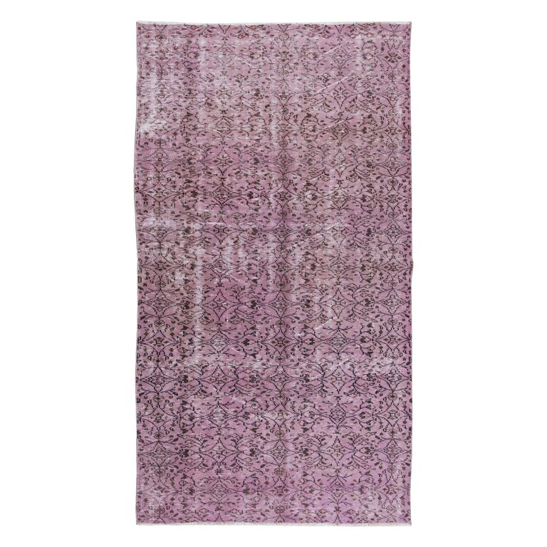 Vintage Handmade Turkish Area Rug OverDyed in Pink with Floral Design