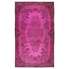 Vintage 5x8.6 Ft Hot Pink Contemporary Handmade Turkish Area Rug with Medallion Design