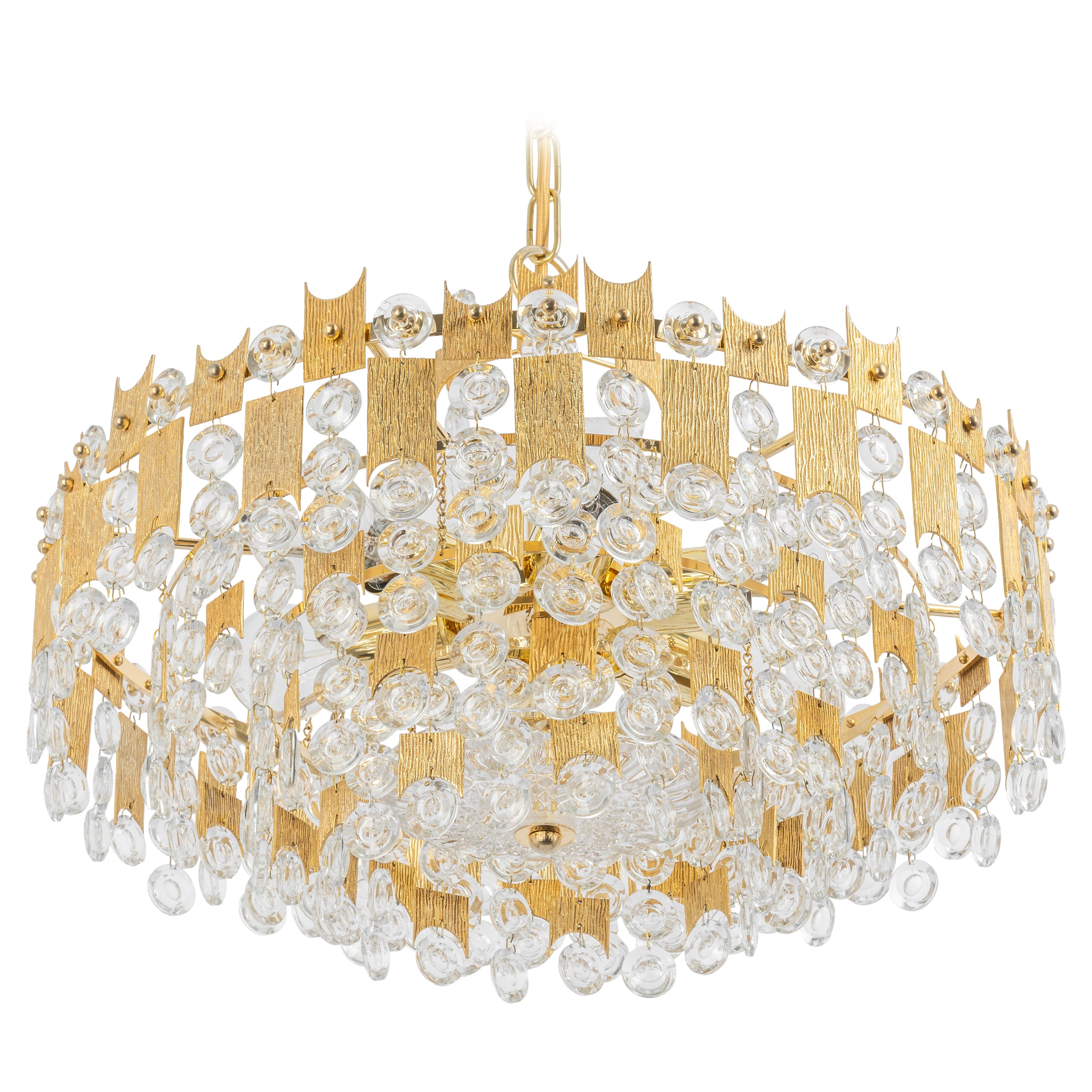 Impressive Large Gilt Brass and Crystal Glass Chandelier by Palwa Germany, 1960s For Sale
