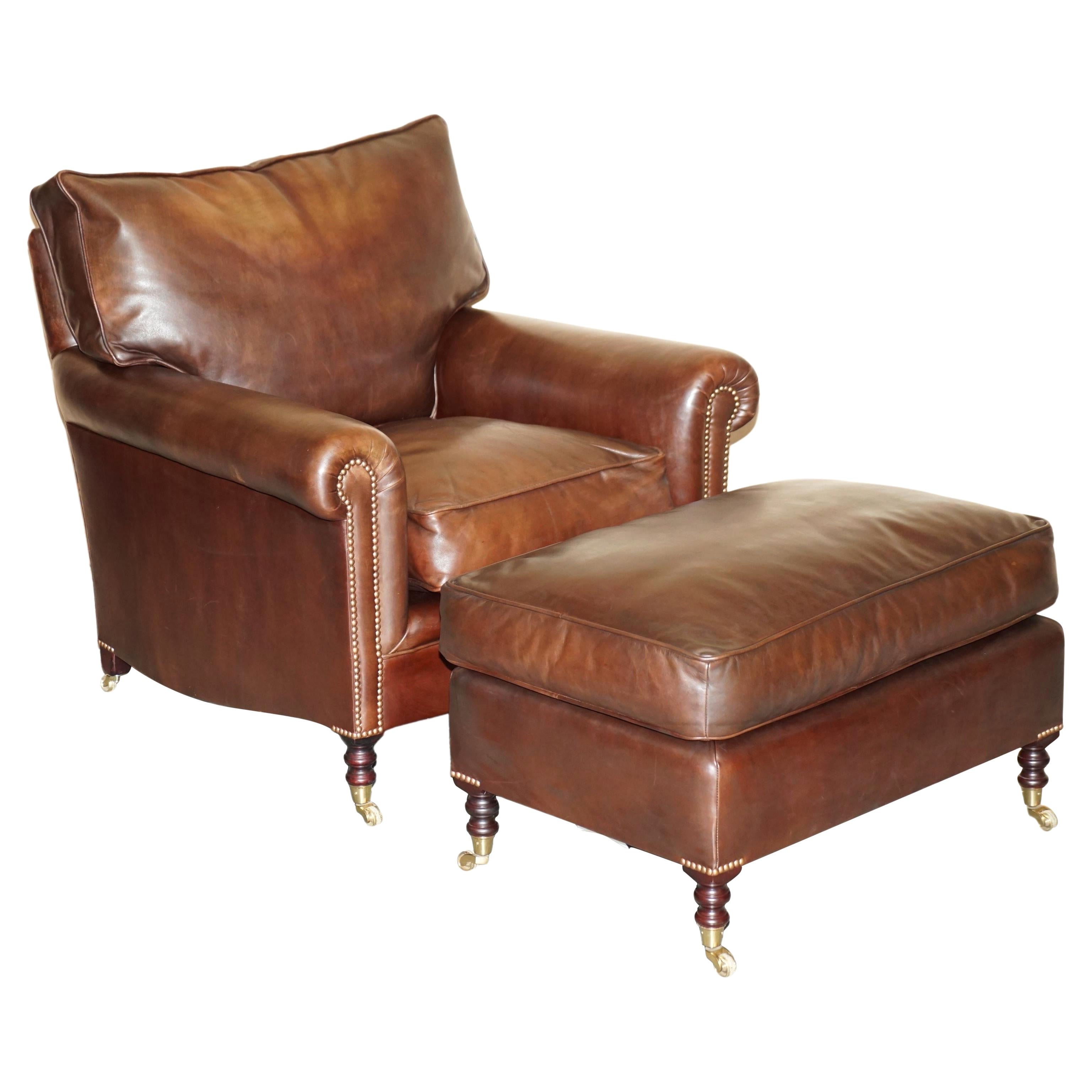 George Smith Chelsea Signature Full Scroll Arm Brown Leather Armchair & Ottoman im Angebot