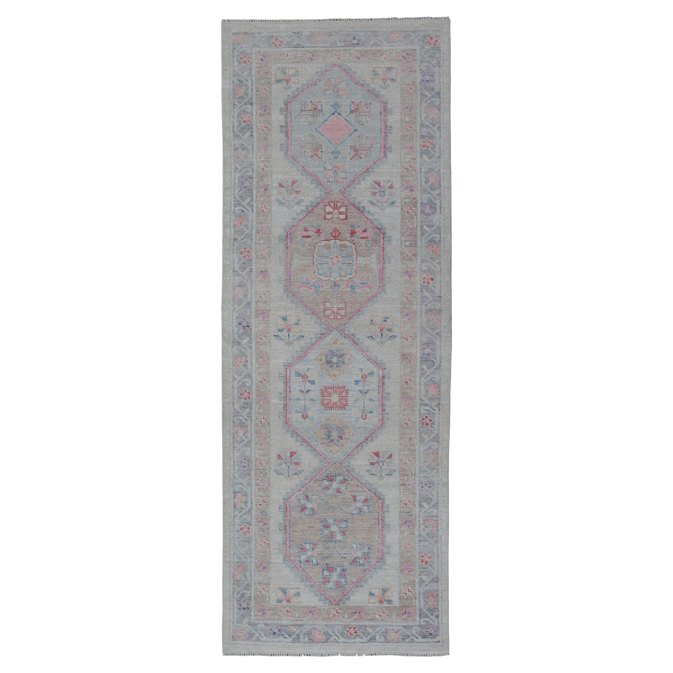 Modern Oushak Runner with Cream Background and Floral Medallions For Sale