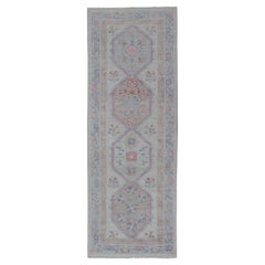 Modern Oushak Runner with Cream Background and Floral Medallions