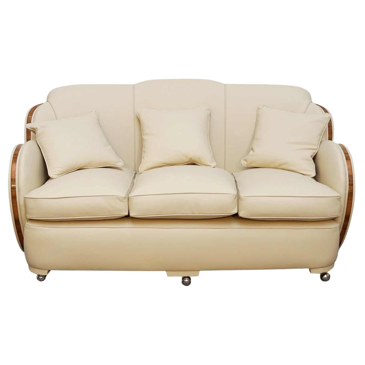 Art Deco Cloud Sofa Re-Upholstered in Cream Leather with Walnut Banding