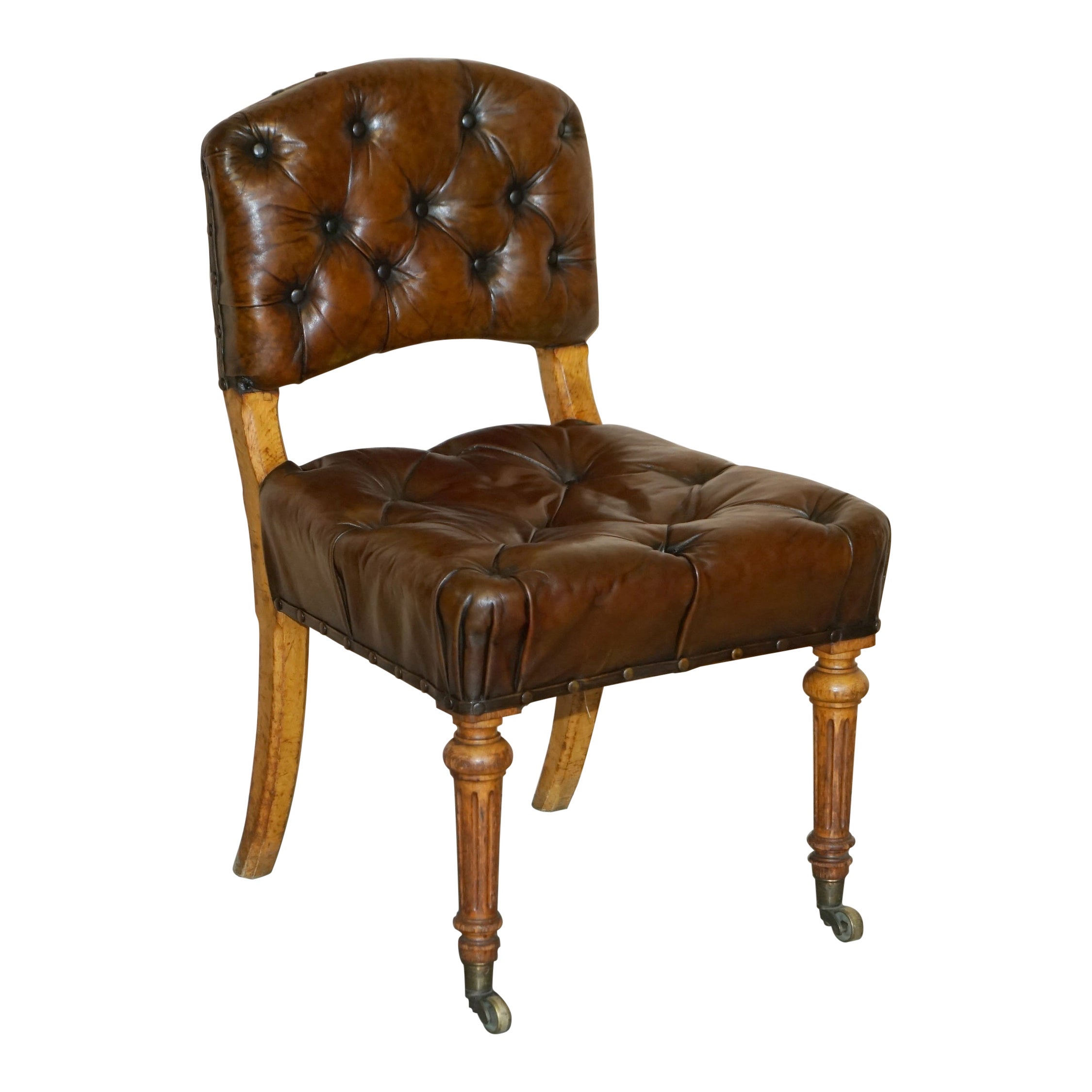 Antique Regency 1820 Brown Leather Pollard Oak Chesterfield Office Desk Chair For Sale