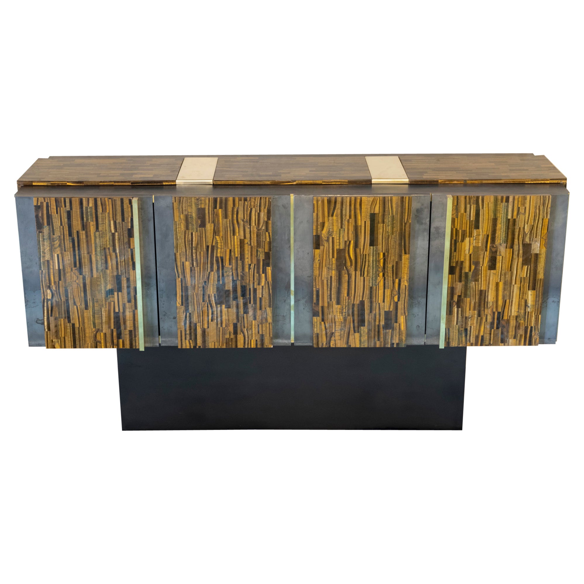 Contemporary Sideboard Natural Steel and Golden Tiger Eye Decorative Panels For Sale