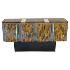 Contemporary Sideboard Natural Steel and Golden Tiger Eye Decorative Panels