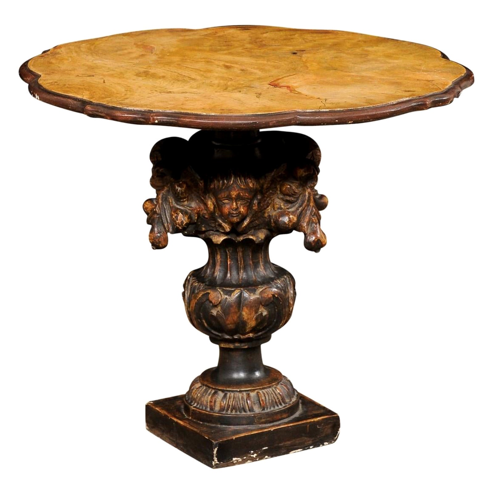 Italian Occasional Table with Putto & Urn Carved Pedestal , 19th C For Sale